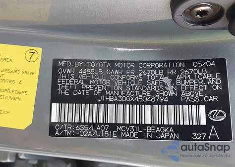 2004 Lexus Es 330 from USA, damaged, VIN JTHBA30GX45048794
